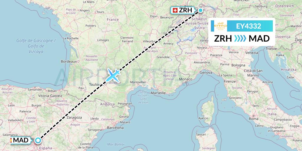 EY4332 Etihad Airways Flight Map: Zurich to Madrid