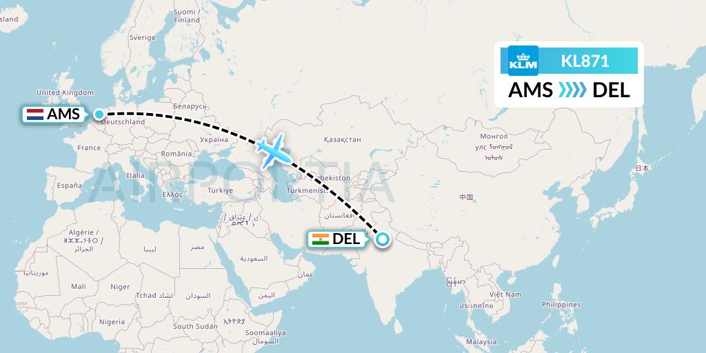 KL871 KLM Flight Map: Amsterdam to Delhi