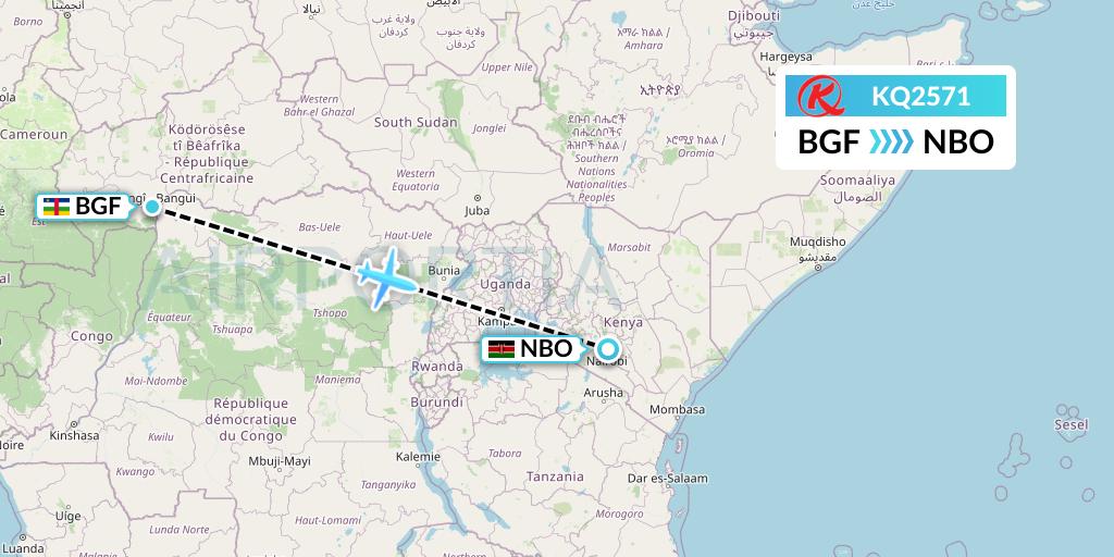 KQ2571 Kenya Airways Flight Map: Bangui to Nairobi