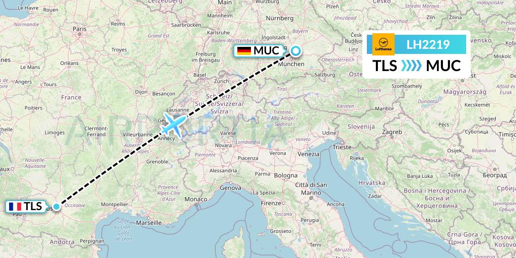 LH2219 Lufthansa Flight Map: Toulouse to Munich