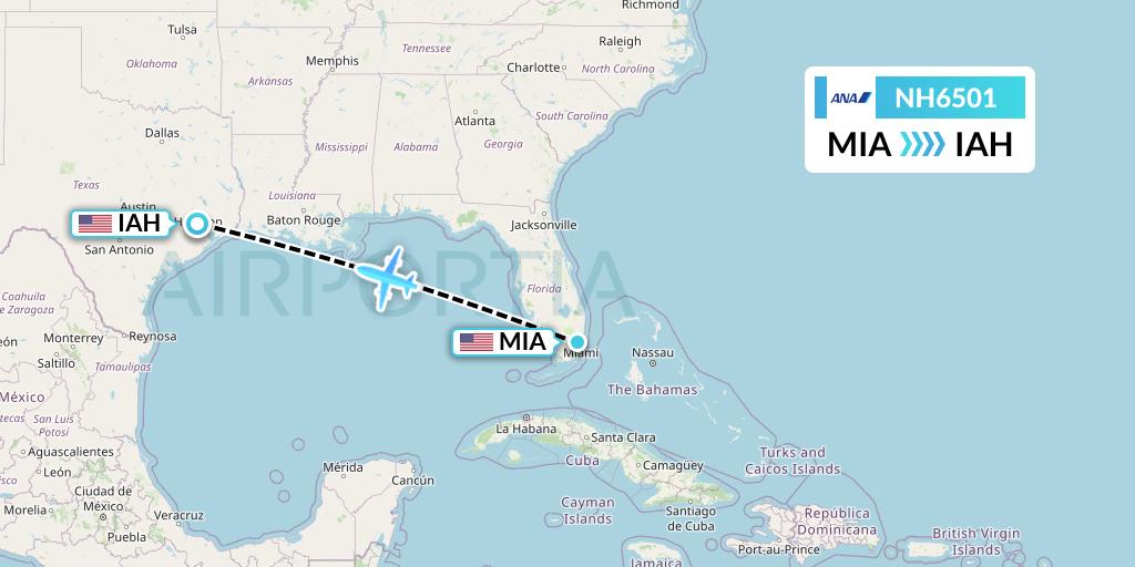 NH6501 All Nippon Airways Flight Map: Miami to Houston