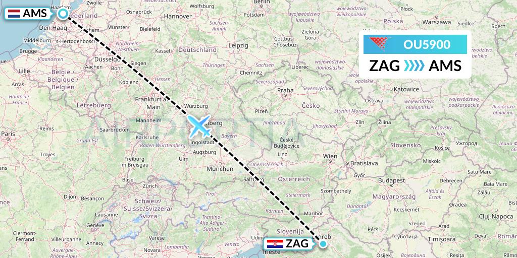 OU5900 Croatia Airlines Flight Map: Zagreb to Amsterdam