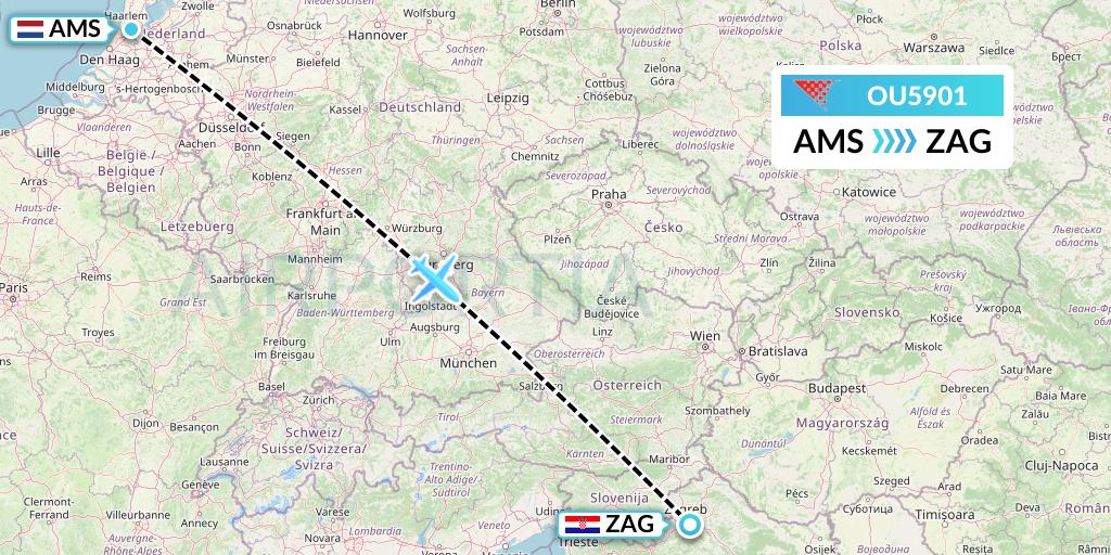 OU5901 Croatia Airlines Flight Map: Amsterdam to Zagreb