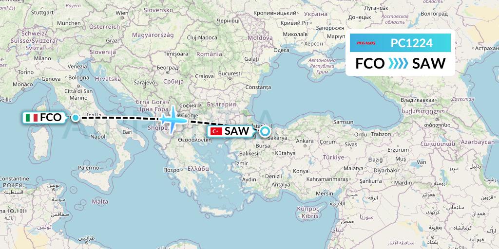 PC1224 Pegasus Airlines Flight Map: Rome to Istanbul