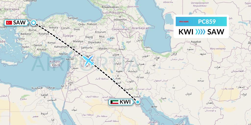 PC859 Pegasus Airlines Flight Map: Kuwait City to Istanbul