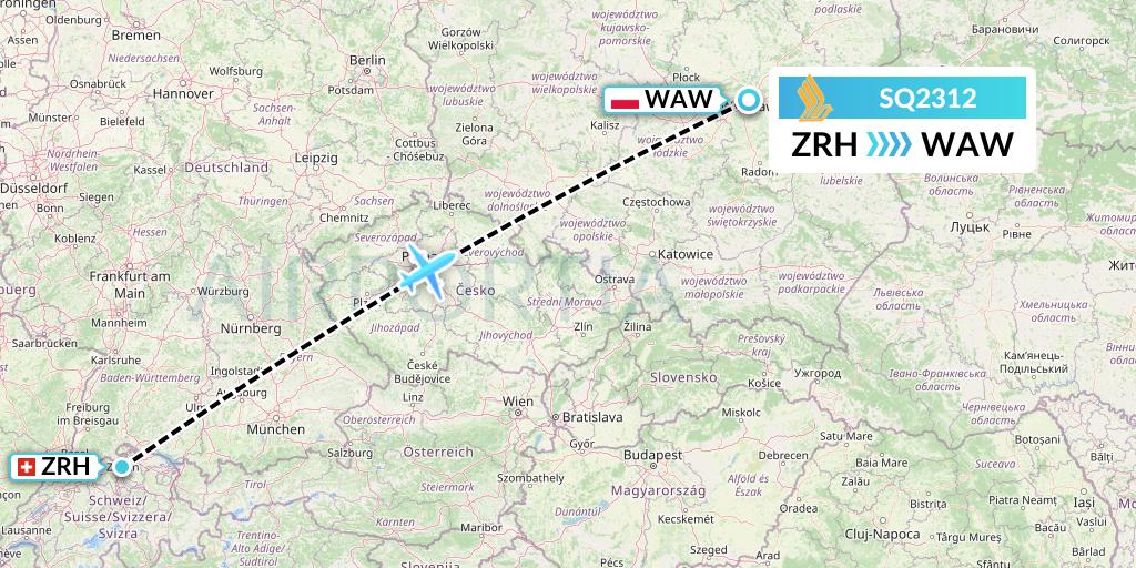 SQ2312 Singapore Airlines Flight Map: Zurich to Warsaw