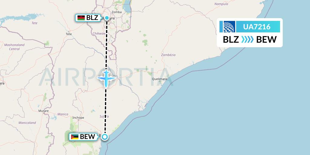 UA7216 United Airlines Flight Map: Blantyre to Beira