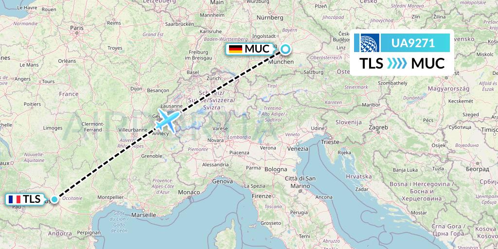 UA9271 United Airlines Flight Map: Toulouse to Munich