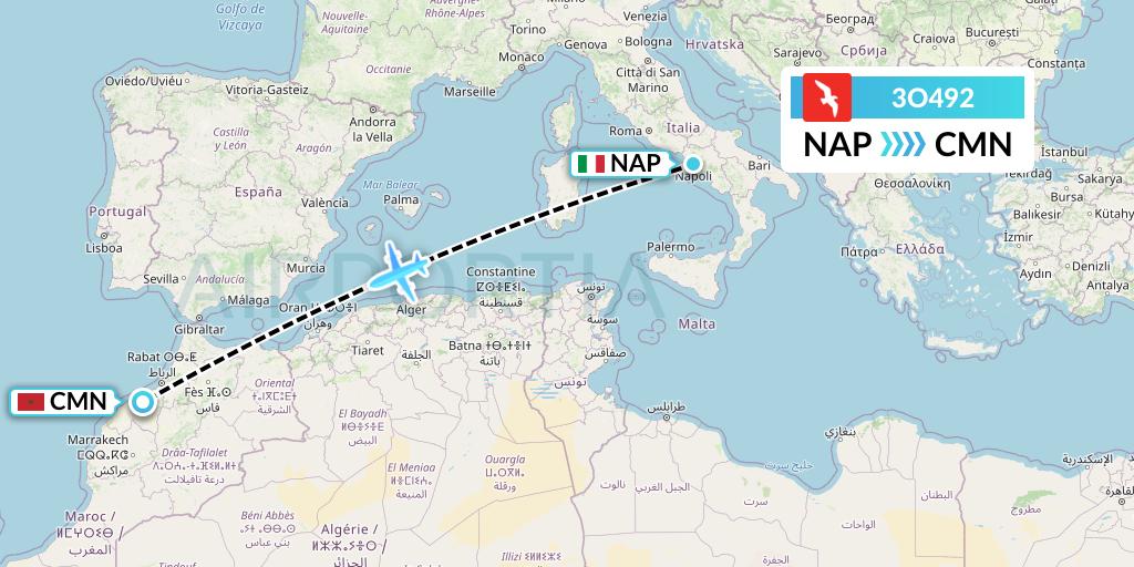 3O492 Air Arabia Maroc Flight Map: Naples to Casablanca