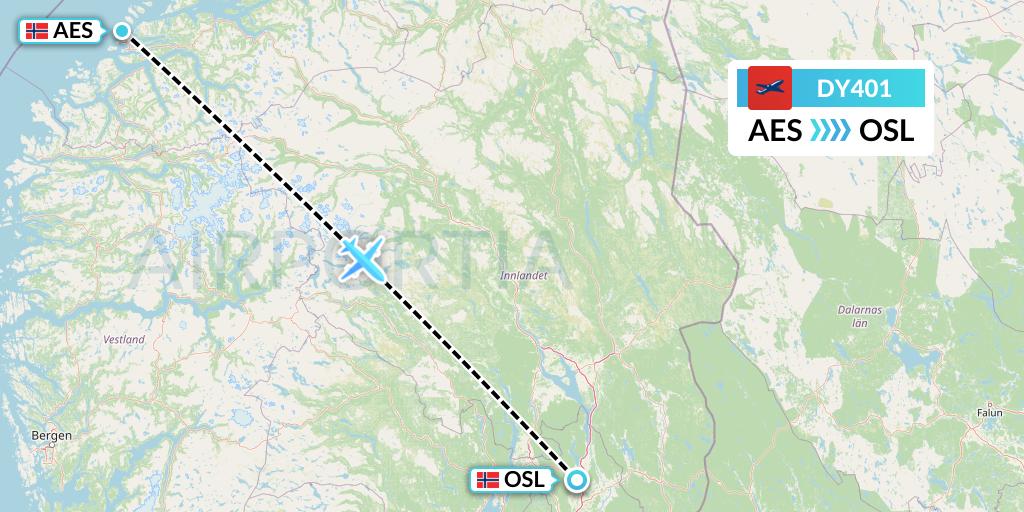 DY401 Norwegian Flight Map: Alesund to Oslo