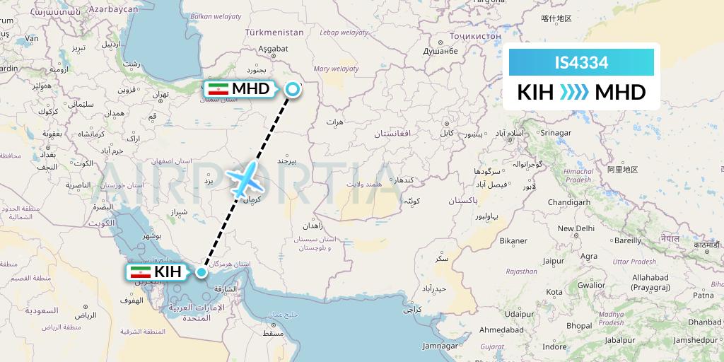 IS4334 Sepehran Airlines Flight Map: Kish Island to Mashhad