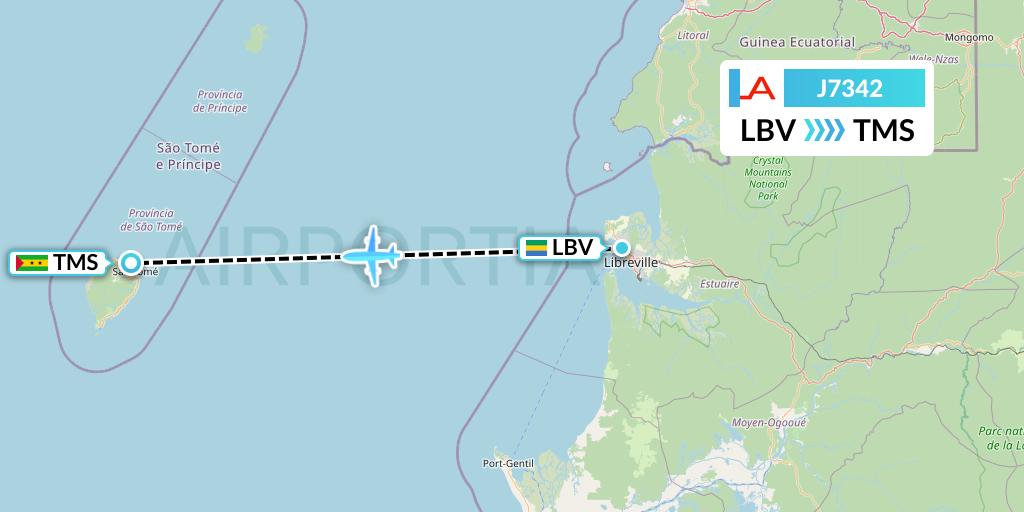 J7342 Afrijet Business Services Flight Map: Libreville to Sao Tome