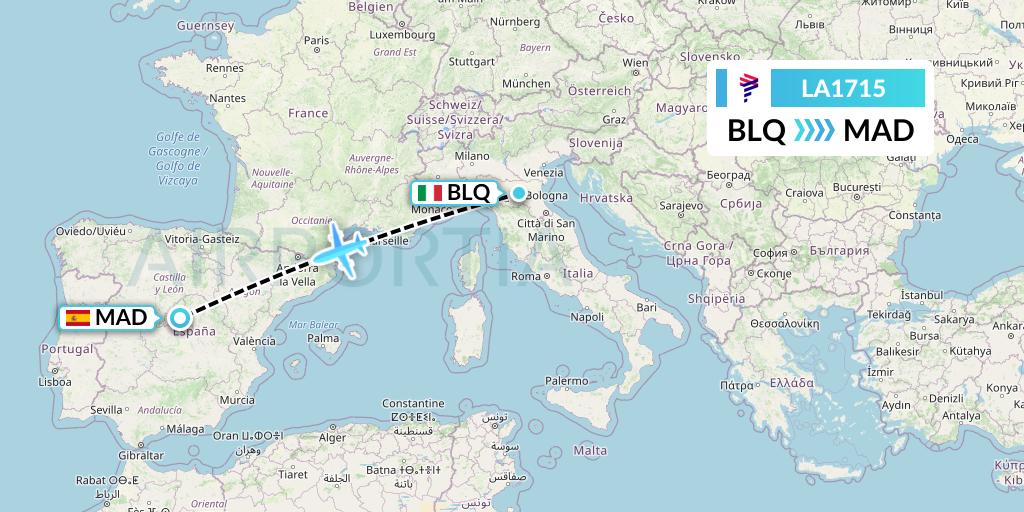 LA1715 LAN Airlines Flight Map: Bologna to Madrid