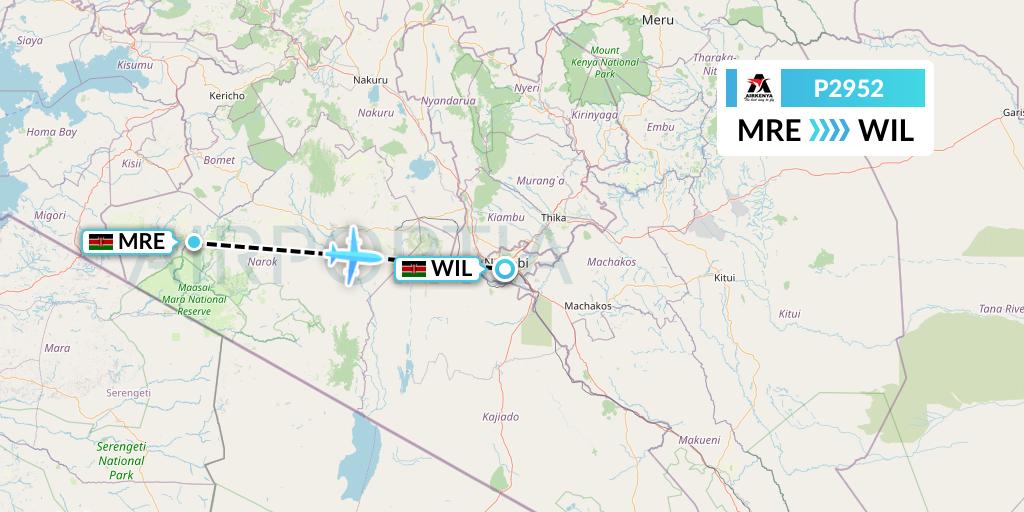 P2952 Airkenya Express Flight Map: Mara Lodges to Nairobi