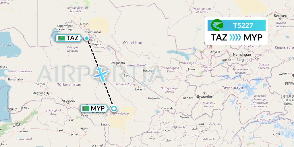 T5227 Turkmenistan Airlines Flight Map: Dasoguz to Mary