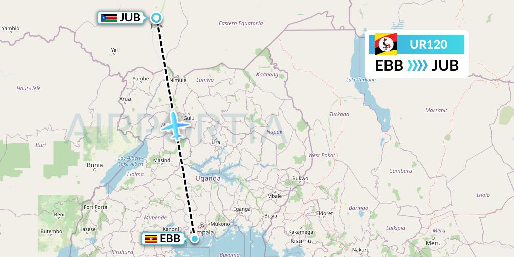 UR120 Uganda Airlines Flight Map: Entebbe to Juba