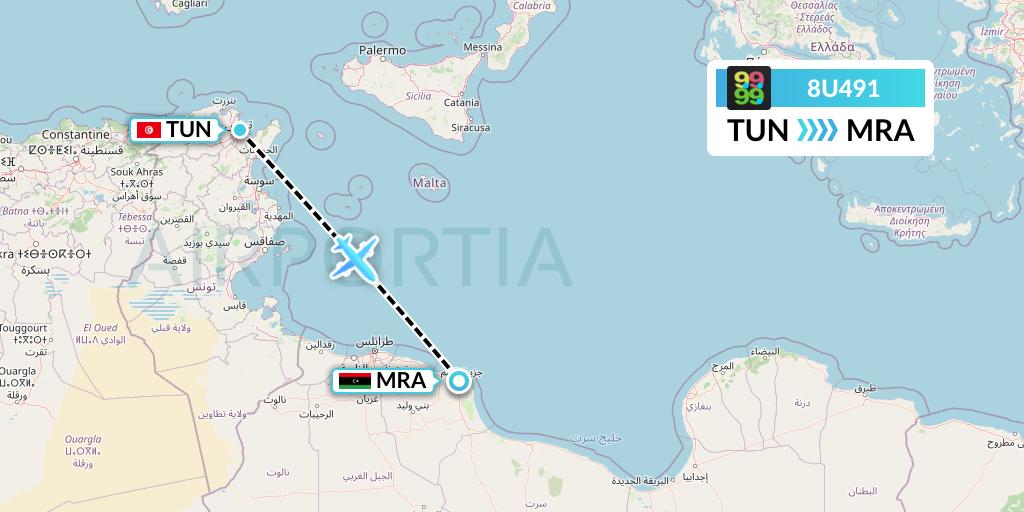 8U491 Afriqiyah Airways Flight Map: Tunis to Misrata