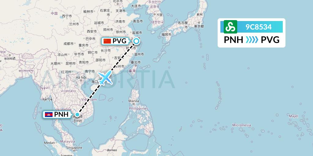 9C8534 Spring Airlines Flight Map: Phnom Penh to Shanghai