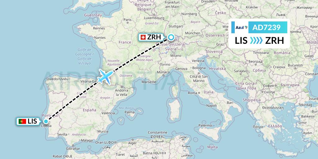 AD7239 Azul Brazilian Airlines Flight Map: Lisbon to Zurich