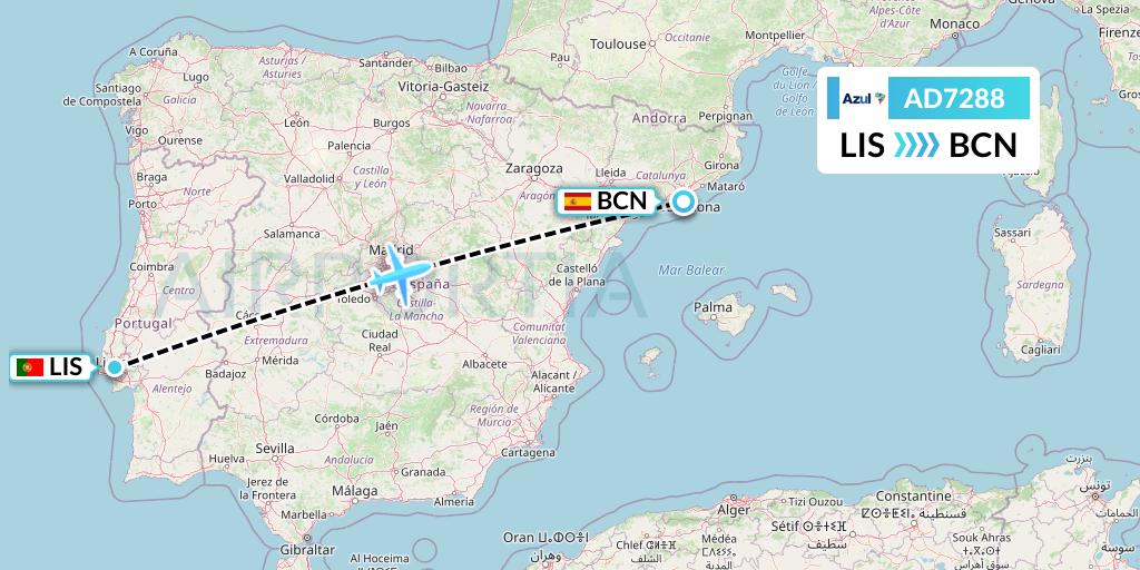 AD7288 Azul Brazilian Airlines Flight Map: Lisbon to Barcelona