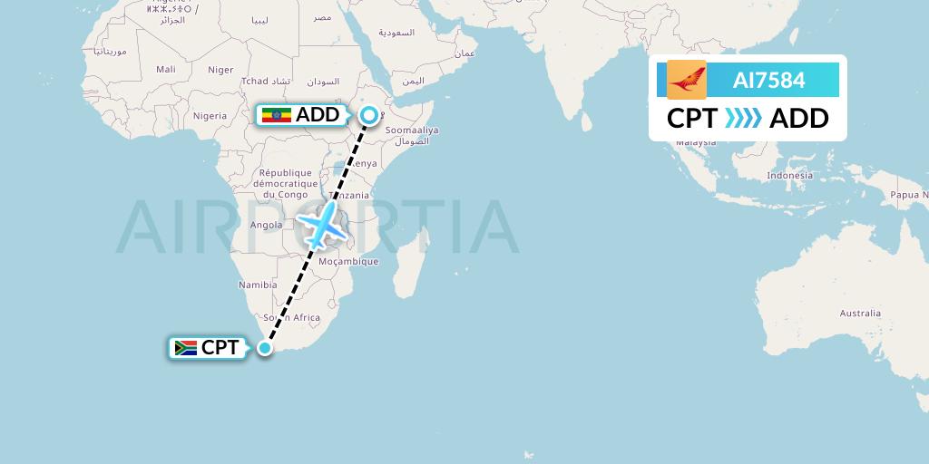 AI7584 Air India Flight Map: Cape Town to Addis Ababa
