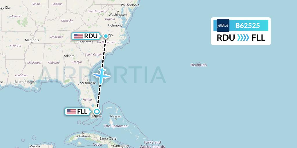 B62525 JetBlue Airways Flight Map: Raleigh-Durham to Fort Lauderdale