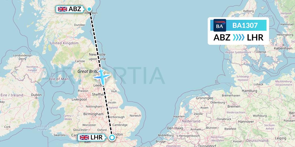 BA1307 British Airways Flight Map: Aberdeen to London