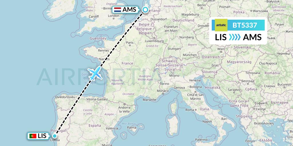BT5337 Air Baltic Flight Map: Lisbon to Amsterdam