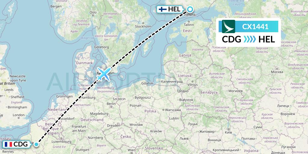 CX1441 Cathay Pacific Flight Map: Paris to Helsinki