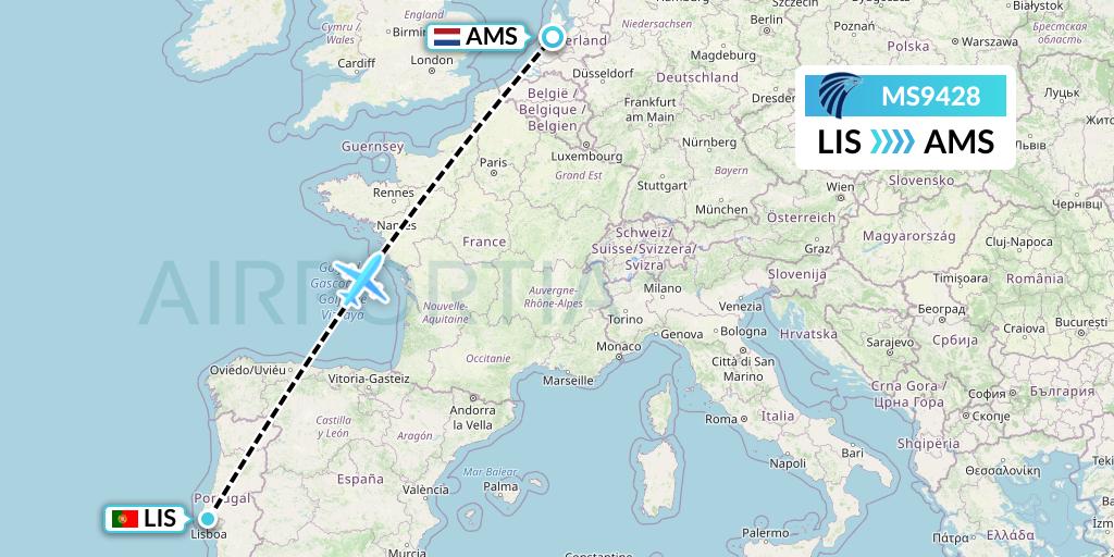 MS9428 EgyptAir Flight Map: Lisbon to Amsterdam
