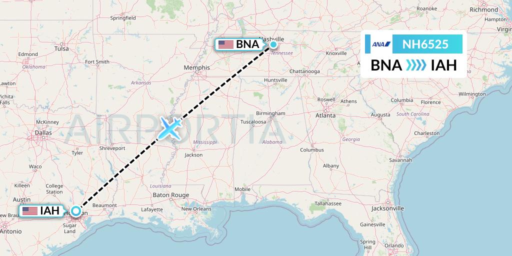 NH6525 All Nippon Airways Flight Map: Nashville to Houston