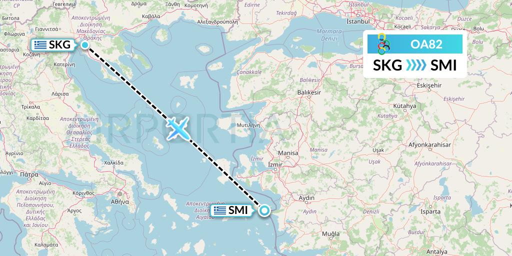 OA82 Olympic Air Flight Map: Thessaloniki to Samos