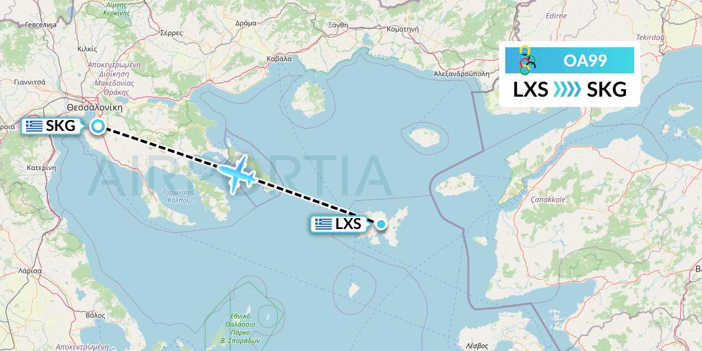 OA99 Olympic Air Flight Map: Lemnos to Thessaloniki