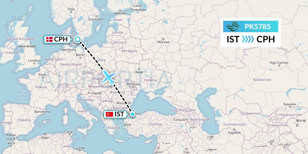 PK5785 Pakistan International Airlines Flight Map: Istanbul to Copenhagen