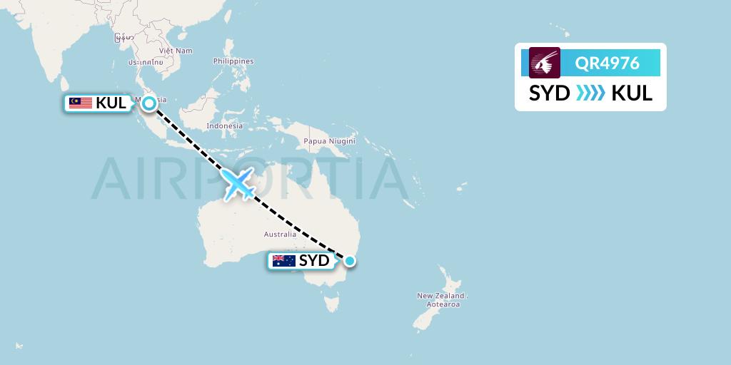 QR4976 Qatar Airways Flight Map: Sydney to Kuala Lumpur
