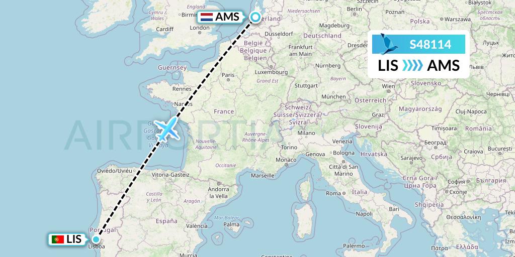 S48114 Azores Airlines Flight Map: Lisbon to Amsterdam
