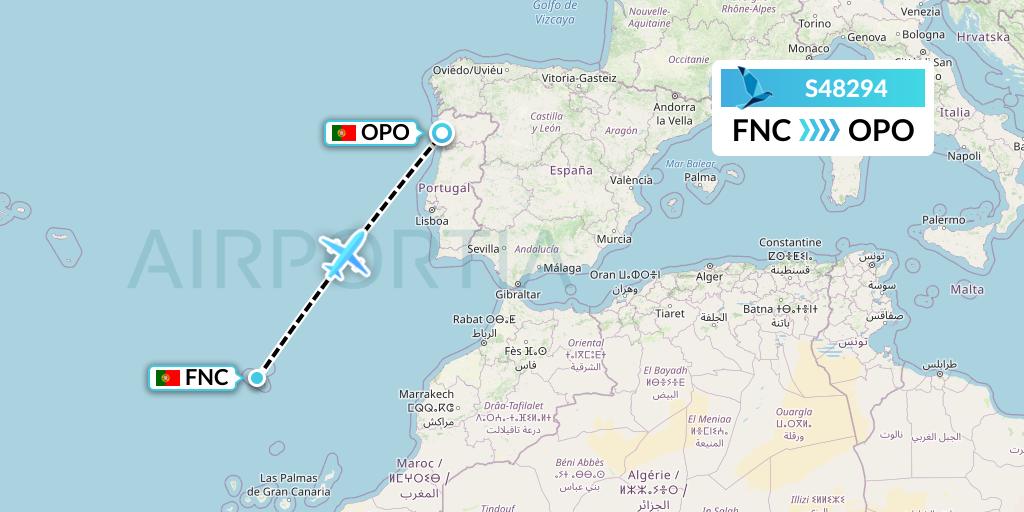 S48294 Azores Airlines Flight Map: Funchal to Porto