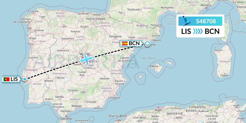 S48708 Azores Airlines Flight Map: Lisbon to Barcelona