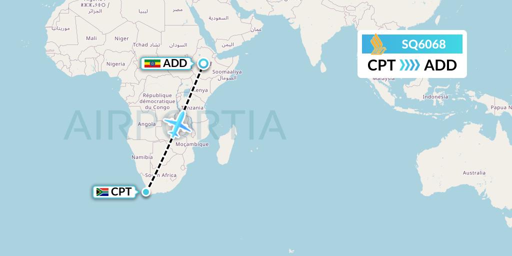 SQ6068 Singapore Airlines Flight Map: Cape Town to Addis Ababa