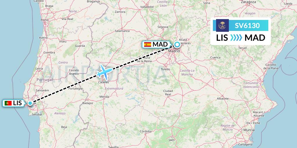 SV6130 Saudi Arabian Airlines Flight Map: Lisbon to Madrid