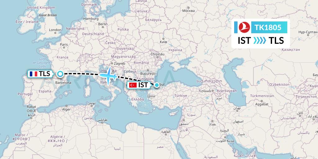 TK1805 Turkish Airlines Flight Map: Istanbul to Toulouse