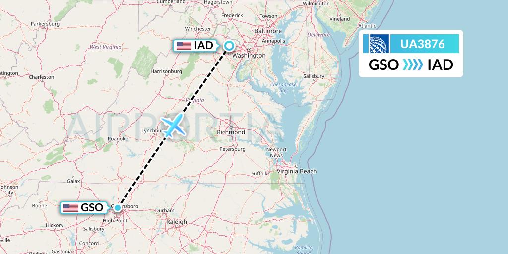 UA3876 United Airlines Flight Map: Greensboro to Washington