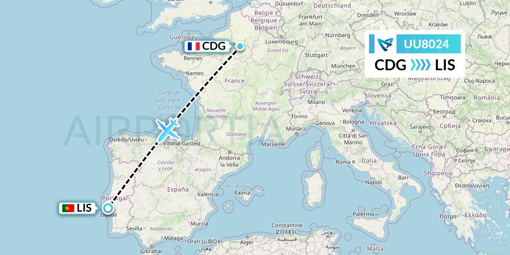 UU8024 Air Austral Flight Map: Paris to Lisbon