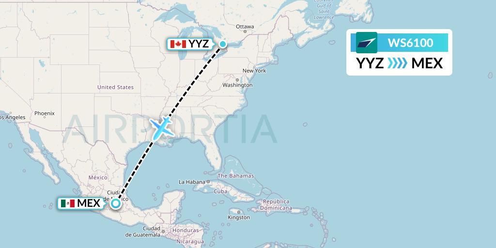 WS6100 WestJet Flight Map: Toronto to Mexico City