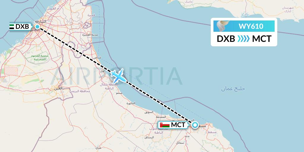 WY610 Oman Air Flight Map: Dubai to Muscat