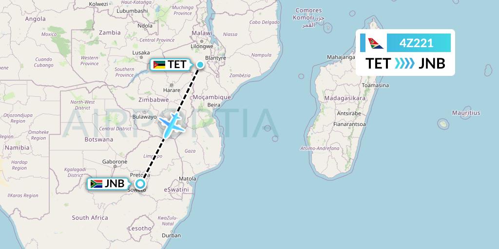 4Z221 Airlink Flight Map: Tete to Johannesburg