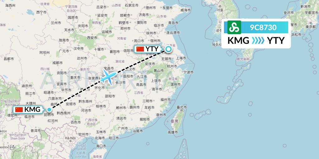 9C8730 Spring Airlines Flight Map: Kunming to Yangzhou