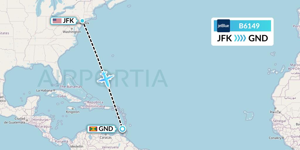 B6149 JetBlue Airways Flight Map: New York to Point Salines