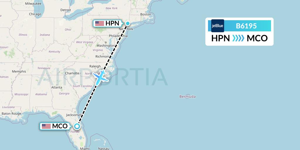 B6195 JetBlue Airways Flight Map: White Plains to Orlando