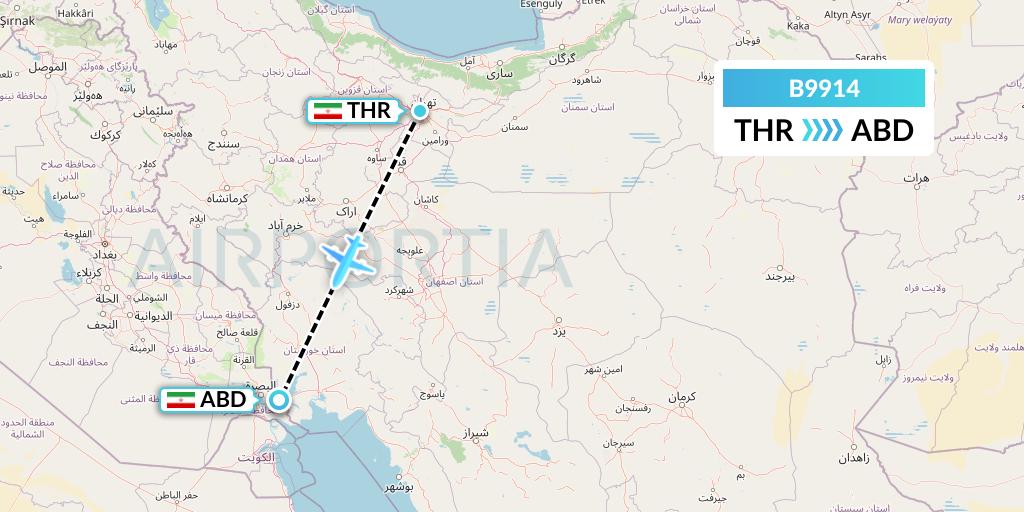 B9914 Iran Air Tours Flight Map: Tehran to Abadan
